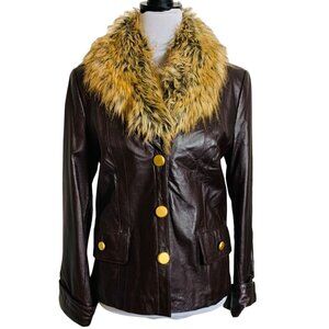 Terry Lewis Brown Leather Jacket Sz PS Faux Fur Collar Gold Buttons VTG Retro